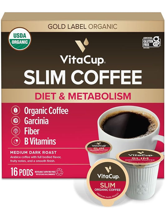 VitaCup Slim Organic Coffee Pods, Diet Support with Ginseng, Garcinia, B Vitamins, Bold Medium Dark Roast, Single Serve Pod, Compatible with Keurig K-Cup Brewers,16 Ct
