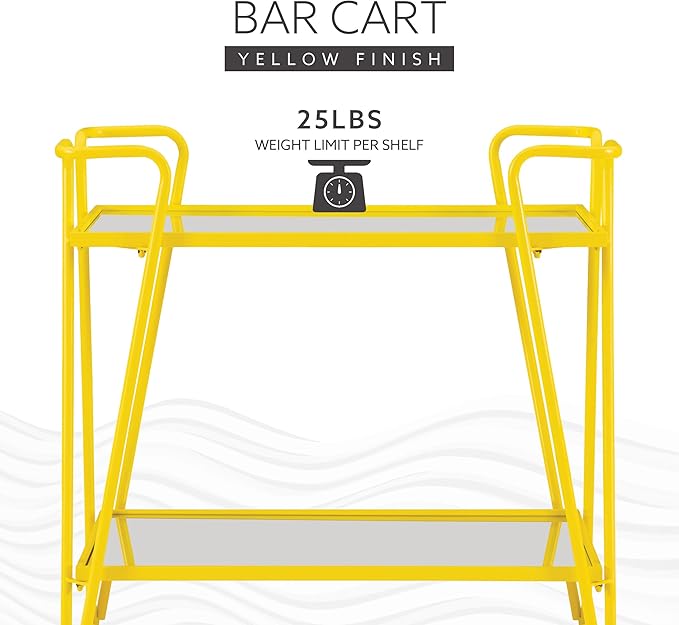 Gina Yellow Mid Century Bar Cart with Mirrored Shelves by Linon