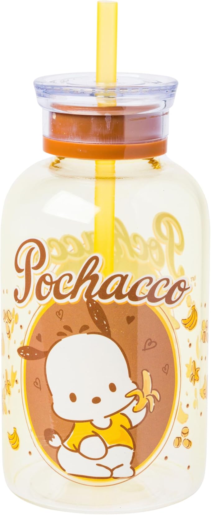 Silver Buffalo Sanrio Hello Kitty and Friends Featuring Pochacco Bananas Glass Milk Bottle with Straw, 15 Ounces