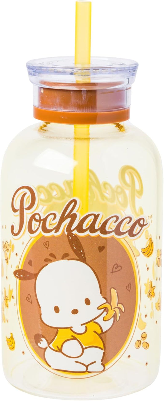 Silver Buffalo Sanrio Hello Kitty and Friends Featuring Pochacco Bananas Glass Milk Bottle with Straw, 15 Ounces