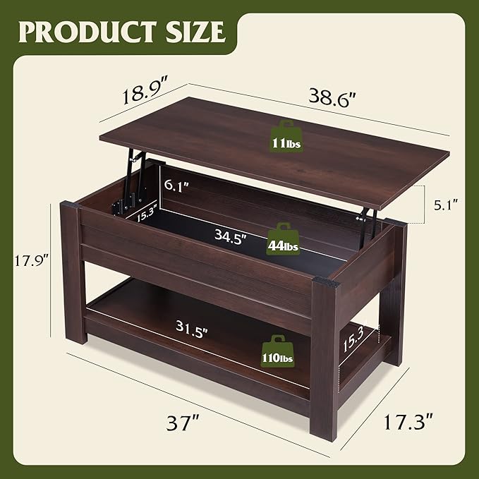 WLIVE Coffee Table, 39" Lift Top Coffee Table with Hidden Compartment, Storage Shelf and Lifting Top for Home Living Room, Office and Bedroom, Red-Brown