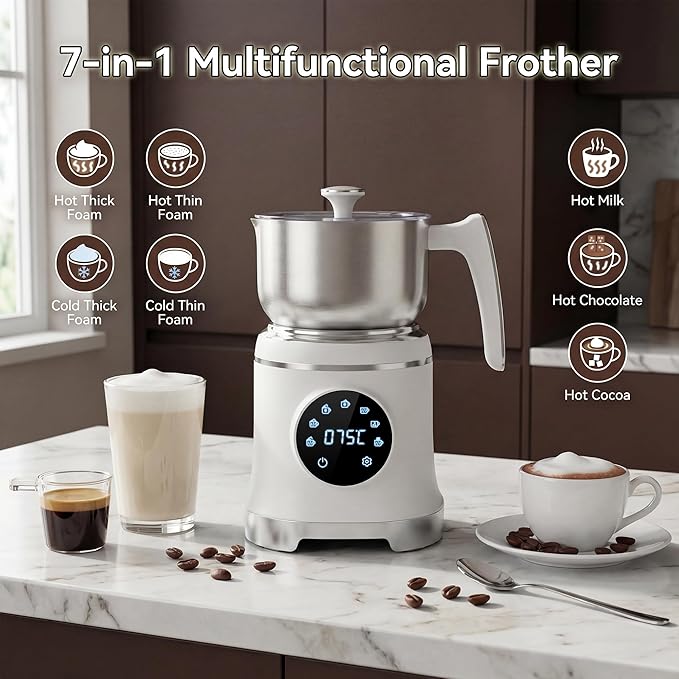 7-IN-1 Milk Frother, 20.3 OZ Milk Frother and Steamer with Temperature Control Stainless Steel Electric Milk Frother Dishwasher Safe Hot and Cold Foam for Latte Hot Chocolate Cocoa (White)