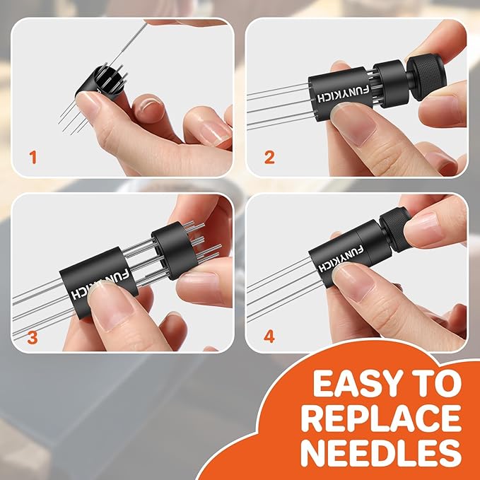 FUNYKICH WDT Tool Espresso Distribution Tool with Magnetic Stand for Barista, Adjustable Range Coffee Needle Stirrer, 304 Stainless Steel 8 Needles 0.4mm with 8 Extra Needles for Consistent Extraction
