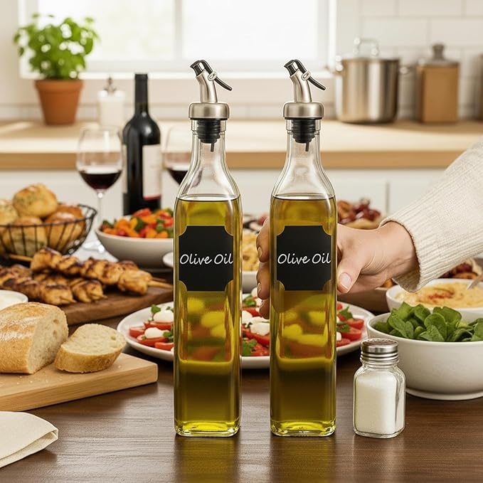 WERTIOO 6 PACK Glass Olive Oil Dispenser Bottle, 17 OZ/500ml Oil Dispenser for Kitchen with 6 Pourer, 3 Stainless Steel Funnel & 1 Pen and 8 Label for Kitchen