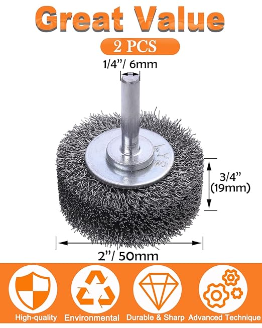 Rocaris 2 Pack 2 Inch Wire Wheel Brush for Drill Attachment - Heavy Duty Carbon Steel Brushes for Paint, Rust & Corrosion Removal - 0.0118" Wire, 1/4in Shank, 20000RPM