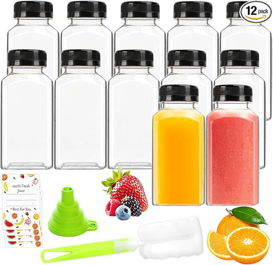 Juice Bottles - 8oz Bottles with Lids, 12 pcs Plastic Juice Containers with Caps Reusable Drink Containers for Juice Milk Coffee Water Smoothie and Other Beverages,Christmas gift