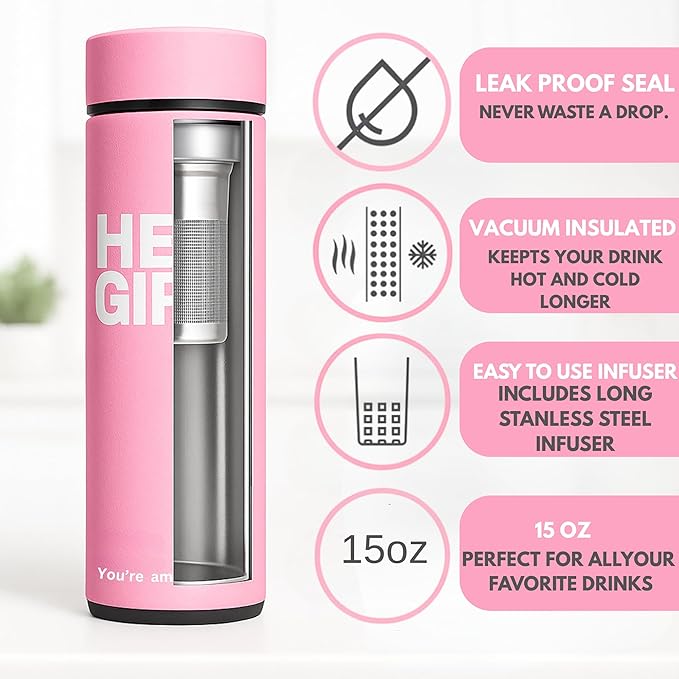 Hey Girl Tea Infuser Bottle 450ml - Insulated Stainless Steel Water Bottle - Tea Tumbler with Tea Diffuser - Portable Travel Mug for Loose Leaf Tea & Infused Water - Tea Lovers Gifts for Women (Pink)