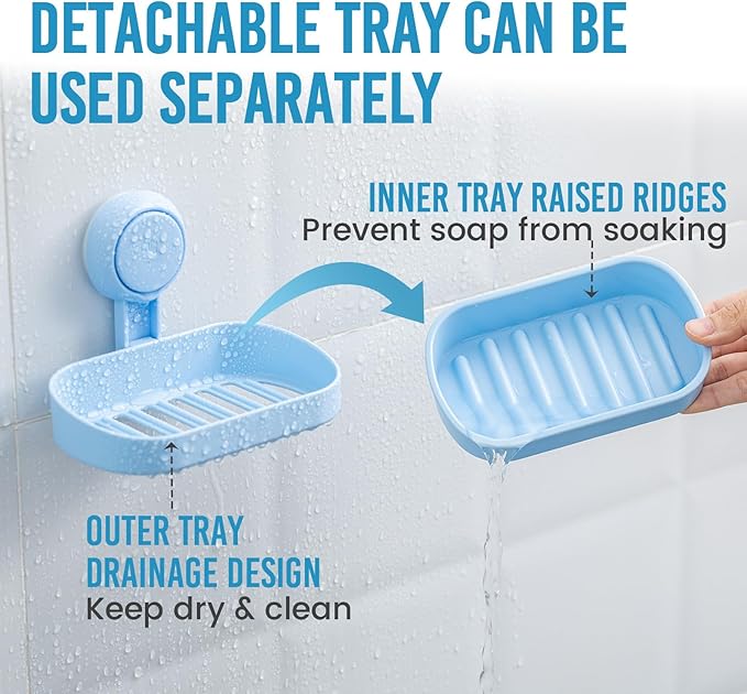 TAILI Soap Dish Bar Holder Suction Cup,Soap Saver with Powerful Vacuum Suction,Sponge Holder for Shower,Bathroom,Tub and Kitchen Sink, Universal Shower Accessories,Drill-Free,Removable,Blue