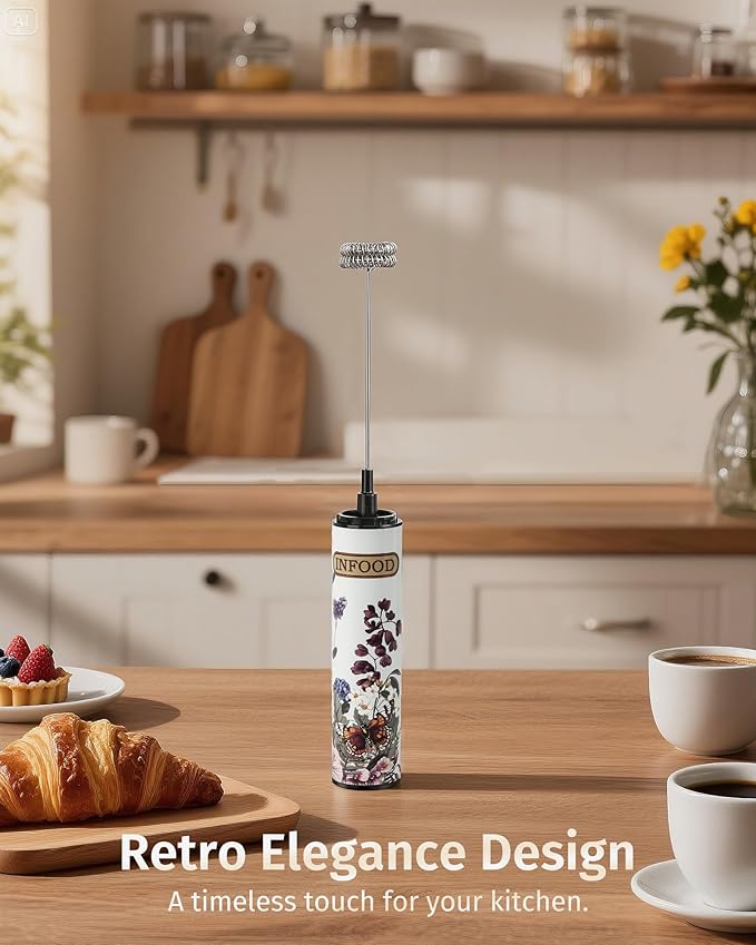INFOOD Milk Frother Rechargeable with Cover - Coffee Frother Wand, Drink Mixer Handheld with 2 Detachable Stainless Whisks 2 Speed Adjustable for Latte, Cappuccino, Hot Chocolate, Egg, White Floral