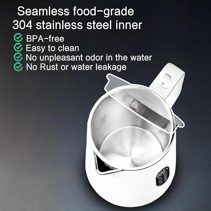 1.5L Electric Kettle Stainless Steel, Double Wall Cool Touch Teapot, Fast Boil,5 Temperature Control, LED Display, Auto Shut-Off,Keep Warm Function (Porcelain White)
