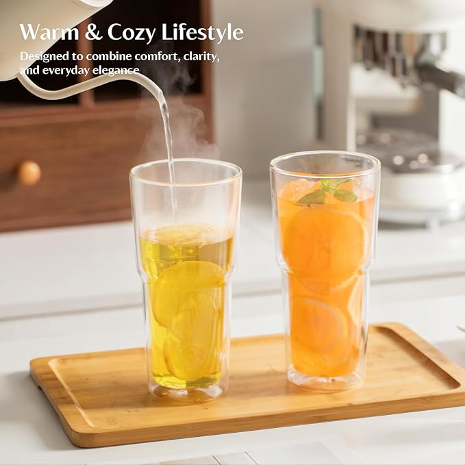 INSETLAN 20oz Double Wall Glass Cups Set of 2 – Borosilicate Glass Tumblers, Clear Insulated Glass Coffee Cups for Coffee, Cappuccino, Latte, Juice and Tea, Hot & Cold Resistant