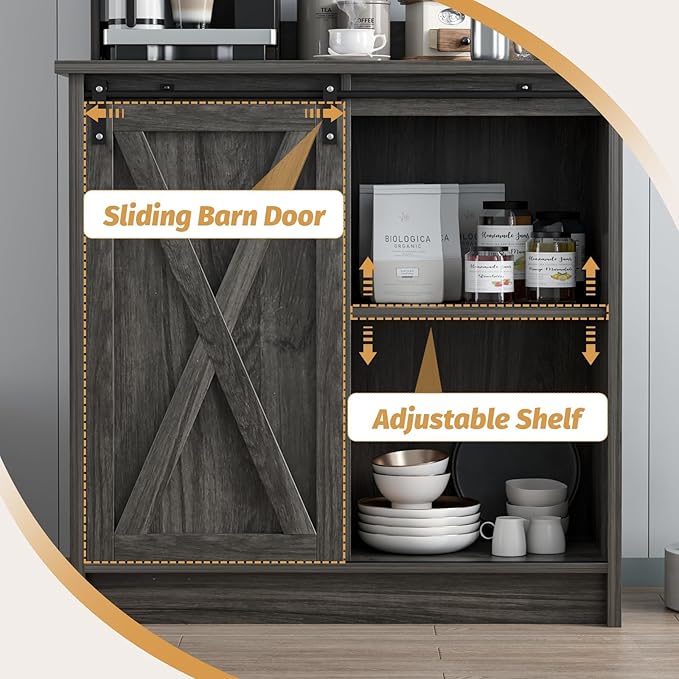 4ever2buy Farmhouse Coffee Bar with Hutch, 31 Inch Buffet Cabinet with Sliding Barn Door, Storage Bar Cabinet with 6 Hooks, Coffee Bar Table with Adjustable Shelves for Living Dining Room, Grey