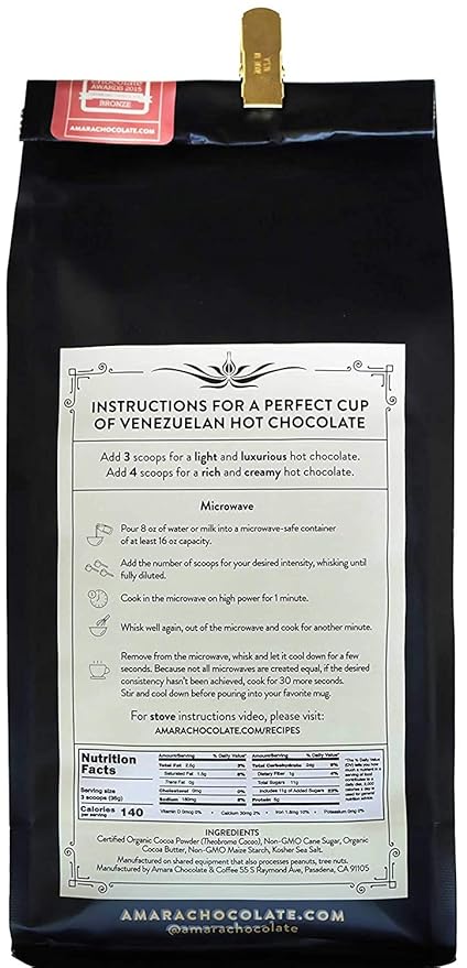Amara Unique Venezuelan Flavors. Hot Chocolate "Gran Criollo" Dark Chocolate Blend Refill Bag 32 oz. Made with Certified Organic Cacao Powder.