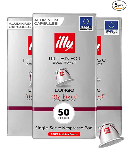 illy Espresso Compatible Capsules, Coffee Pods for Nespresso Original Line Machine, Intenso Lungo Dark Roast, 100% Arabica, Premium Italian Coffee, Single Serve, 10 Count, 5 Pack