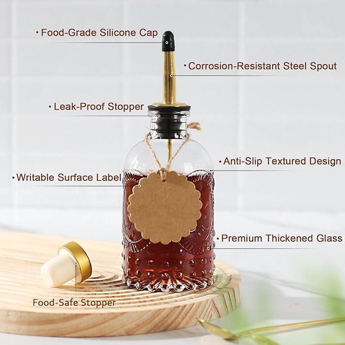 Coffee Syrup Dispenser for Coffee Bar, 4 Pack Glass Syrup Dispensers Bottles with Bamboo Tray, 7 Fl Oz Small Maple Syrup Container with Golden Spoon, Vintage Oil Dispenser for Kitchen