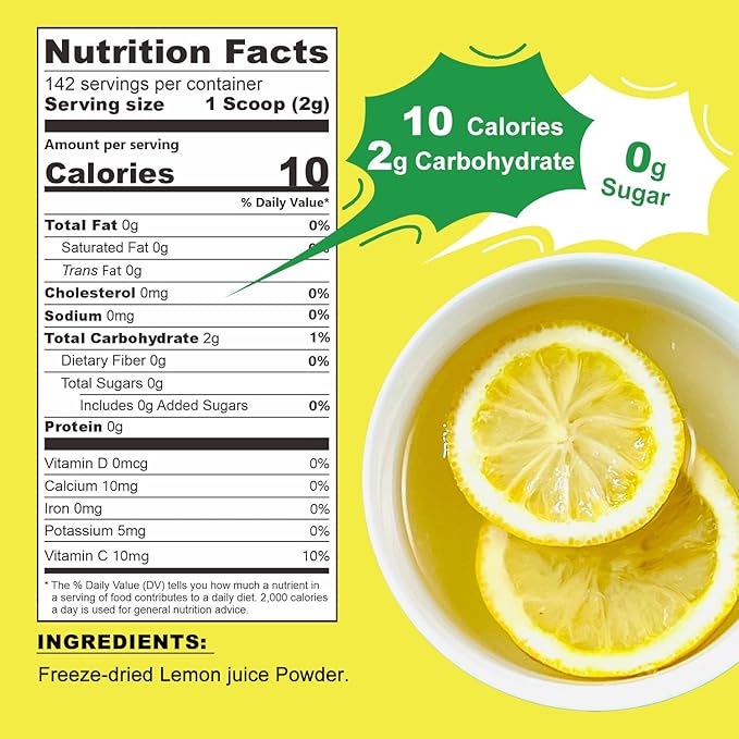 TALCUFON Freshly Squeezed Lemon Powder 10 Oz, Just Cold Pressed, Freeze Dried Lemon Juice Powder No Added Sugar, Gluten Free, Non-GMO Great Flavor for Drinks, Smoothie, & Beverages 284G