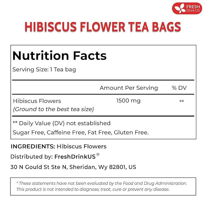 FreshDrinkUS, Premium 235 Hibiscus Flowers Tea Bags, 100% Natural, Pure from Hibiscus Flowers. Loose Flower Herbal Tea. No Sugar, No Caffeine, No Gluten, Vegan.