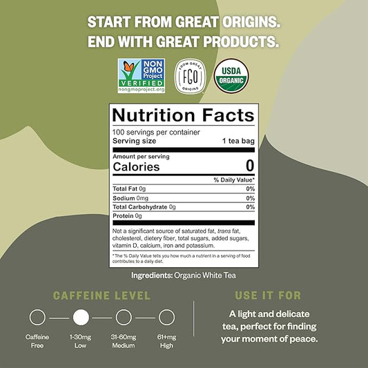 FGO Organic White Tea, 100 Count, Eco-Conscious Tea Bags, Resealable Bag, Packaging May Vary(Pack of 1)