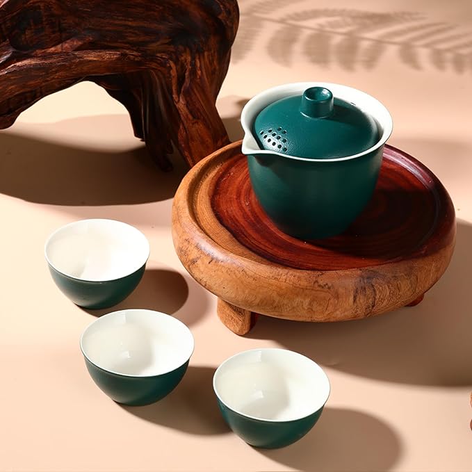 Porcelain Chinese Gongfu Tea Sets for Adults Portable Kungfu Teapot and Cup Set Small Ceramic Tea Party Set Travel Teaset with Lid for Home Gifting Outdoor and Office (Green)