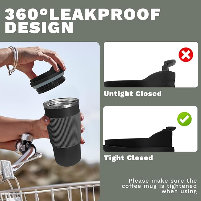 YINBAOGE Upgraded Insulated Travel Coffee Mug, Spill Proof & Leak Proof, Portable Camping Stainless Steel Tumbler, Reusable Thermal Coffee Cup with Lid for Hot & Cold Drinks (4th-Black, 15OZ)