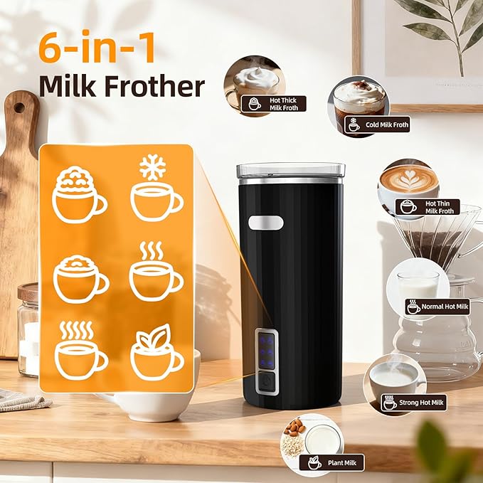 Milk Frother, 6-in-1 Electric Milk Steamer, 8.5oz/250ml Automatic Warm and Cold Foam Maker and Milk Warmer for Latte, Cappuccinos, Macchiato, From the Makers of Instant 400W, Black