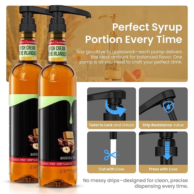 2-Pack Black Plastic Bottle Syrup Pumps – Fits 750ml / 25.4 oz Bottles – Compatible with Torani & More – IMPORTANT: Will Not Fit Glass Bottles – Coffee Syrup Dispenser