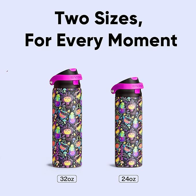 Encool SwiftSip Insulated Stainless Steel Water Bottle with Straw - Leak Proof Sports Water Bottle for School, Travel, Keeps Cold All Day, One-Touch Flip Lid, BPA-Free, 32 oz, Meowgic Night