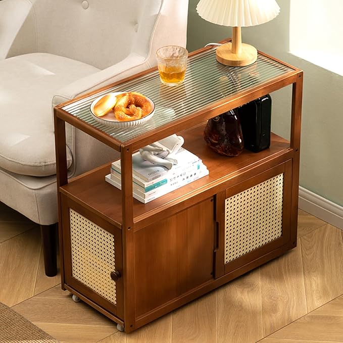 Side Table Glass Top Movable End Table Coffee Station Table, MDF Coffee Bar Stand Cart with Storage Coffee Table on Wheels,for Home Kitchen, Entryway, Living Room,Dining Room(Brown)
