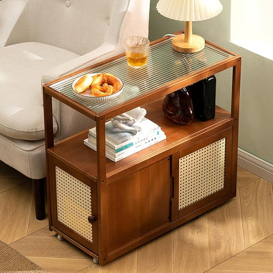 Side Table Glass Top Movable End Table Coffee Station Table, MDF Coffee Bar Stand Cart with Storage Coffee Table on Wheels,for Home Kitchen, Entryway, Living Room,Dining Room(Brown)
