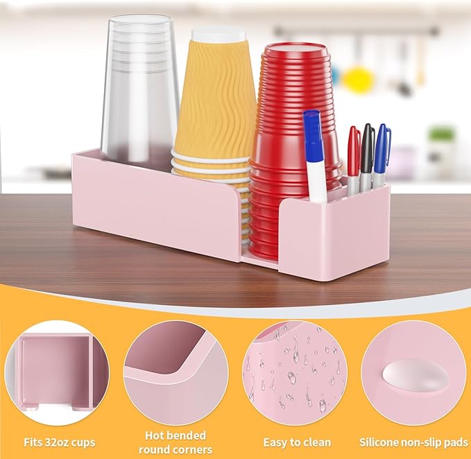 Coffee Cup Holder for Countertop - Pink Acrylic Coffee Bar Accessories 3 Cup Organizer Station Organizer Farmhouse Table Décor