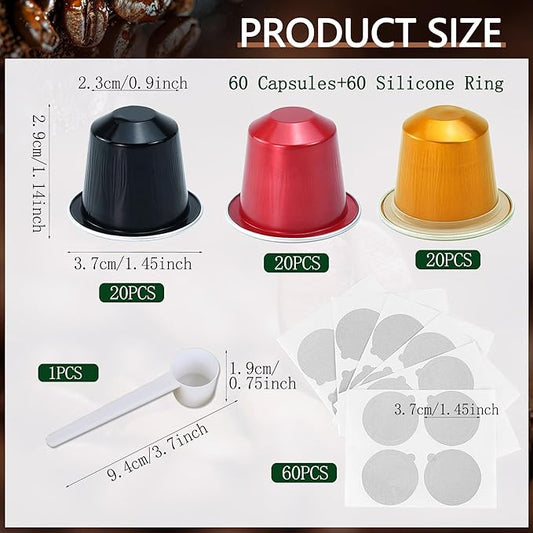 Espresso Capsules Refillable Coffee Pods For Nespresso Original Line,Disposable Aluminum Coffee Filter Capsule,Replacement Pods Kit For Nespresso Machine (60 Foil Seals Lids+60 Pods+1 Spoon)