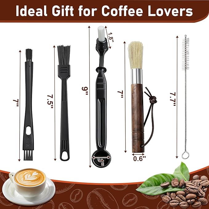 7PCS Coffee Grinder Cleaning Brush Set, Espresso Machine Cleaning Kit with Walnut Wood, Multifunctional Bristle Tools for Barista for Home Kitchen Commercial Use