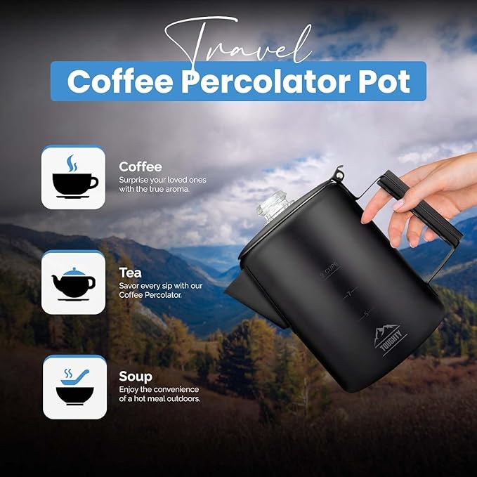 Toughty Yosemite Percolator Coffee Pot – Classic Stovetop Coffee Maker for Camping, Hiking & Home, Durable Stainless Steel Pot, Compatible with All Stovetops – Old-Fashioned 9-Cup Percolator, Black