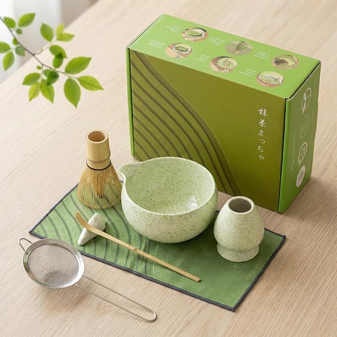 Japanese Matcha Tea Ceremony Set - 7 Piece Complete Matcha Whisk Set with Ceramic Bowl, Bamboo Whisk (Chasen), Sifter & Accessories - Green