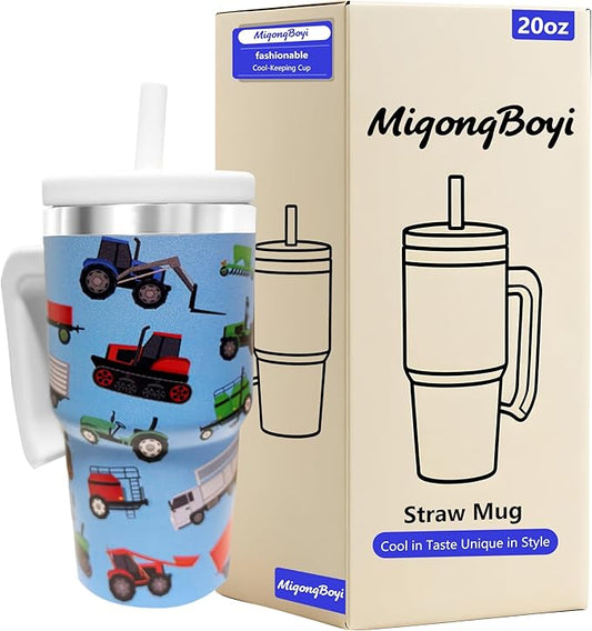 2PCS 20-OZ Insulated Water Bottle,Insulated Stainless Steel Tumbler,Reusable Cold Drink Thermos,BPA-Free, Double-Wall Stainless Steel Water Bottle (Blue-Farm Vehicles, 20, Fluid Ounces)