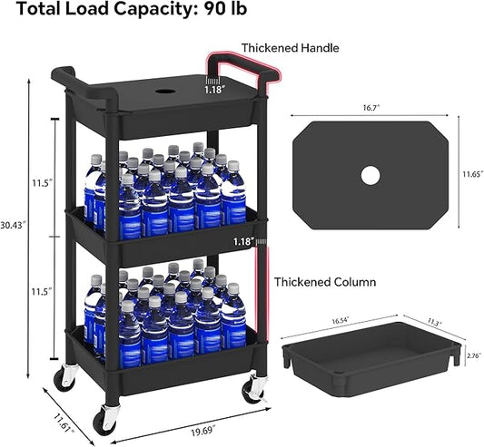 MIOCASA Utility Rolling Cart with Cover Top Board, 3-Tier Kitchen Storage Organization, Art Cart with Wheels for Office, Classroom, Livingroom, Kitchen, Bathroom (Black, 3-Tier-Plastic)