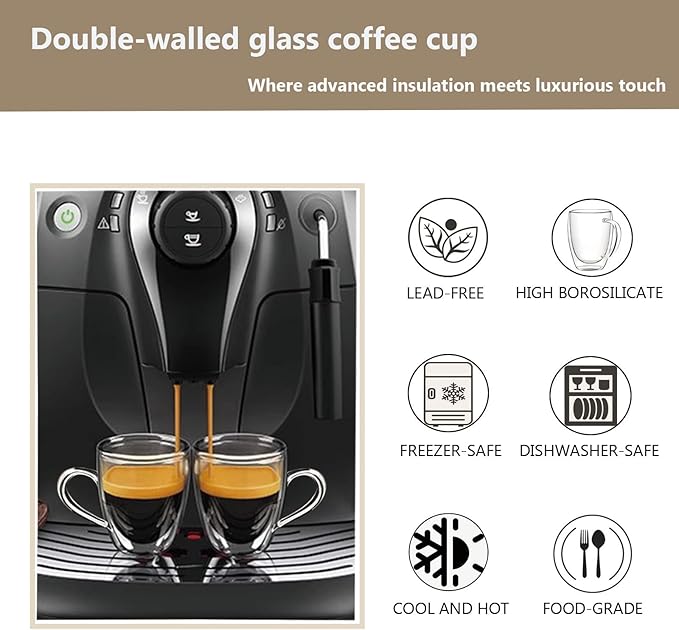 DINGPAl 15 oz Double Walled Glass Coffee Mugs, Set of 4 Large Double Wall Layer Coffee Mug Insulated Borosilicate Glass Cups with Handle and Spoon for Latte, Cappuccino, Espresso, Americano