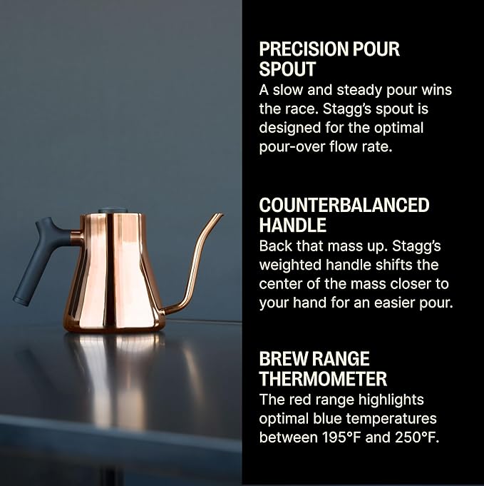 Fellow Stagg Stovetop Pour-Over Coffee and Tea Kettle - Gooseneck Teapot with Precision Pour Spout, Built-In Thermometer, Matte Black, 1 Liter