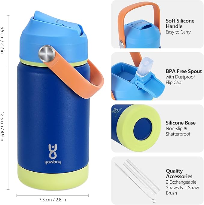 Kids Insulated Water Bottle with Straw Lid & Silicone Handle,12oz Kids Leak Proof Water Bottle for School Boys Girls,Double Wall Vacuum Stainless Steel with Non-slip Silicone Base(Dark Blue)