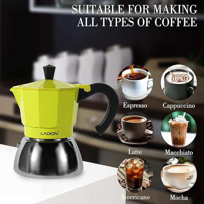 LAOION 3-Cup Moka Pot | Stovetop Espresso Maker | Induction Compatible | Stainless Steel & Aluminum | Green
