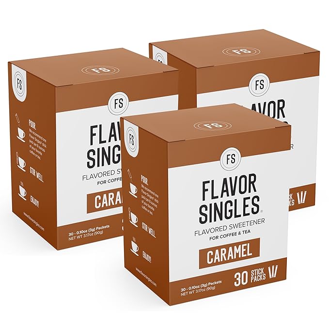 Flavor Singles Caramel Powdered Sweetener Packets for Coffee & Tea, Travel Ready Single-Serve Syrup Alternative, 30 Count (Pack of 3)
