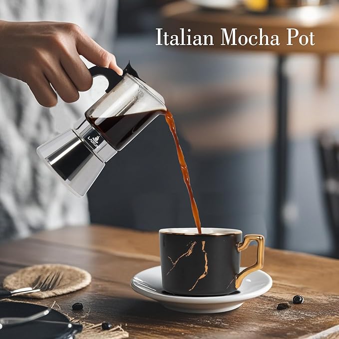 LAOION Stovetop Espresso Maker, 3Cup 160ml Moka Pot, Crystal Glass-top & Stainless Steel Coffee Maker Mocha Pot, Greca De Cafe, Cuban and Italian Coffee Maker for Cafetera Cubana