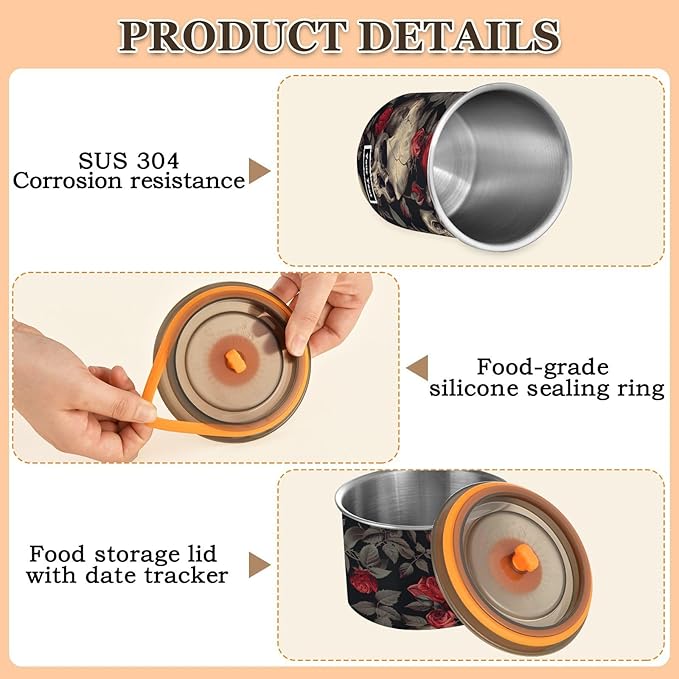 ALAZA Skull Red Rose Flower Floral Airtight Coffee Bean Canister Customed 500ml Food Storage Containers with Lids For Gournd, Tea, Sugar, Flour, Rice, Cereal, Candy Cookie Jar