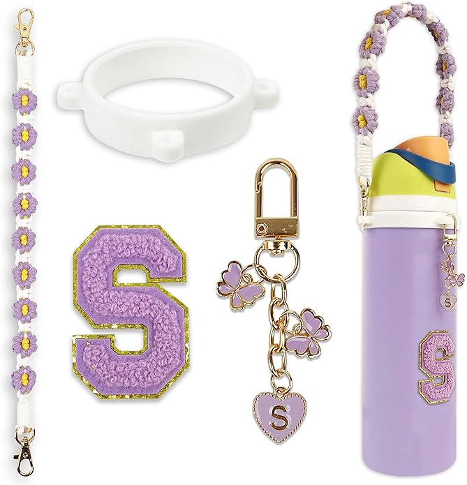 Compatible with Owala Water Bottle Accessories, Cute Letter Charm Set with Boho Handle Strap, Monogram Sticker, Silicone Ring, Keychain Decoration, for FreeSip 24 32 40oz, Owala Kids, Tumbler Gift