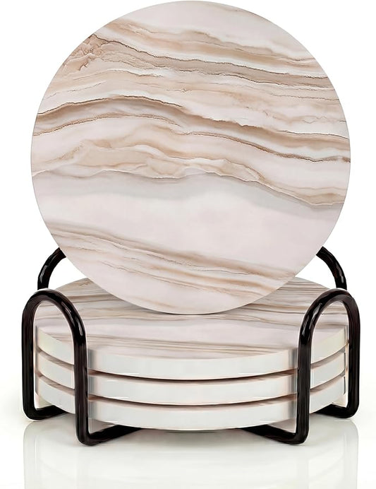 VEYRO Ceramic Coasters Set of 4 – Absorbent Stone Drink Coasters with Holder, Non-Slip Cork Backing, Modern Marble Look Coasters for Coffee Table, Desk & Home Decor