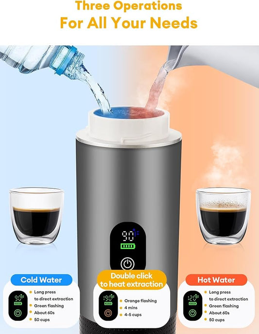 Upgraded 3 in1 Portable Espresso Machine with LED Display,20 Bar Pressure,Real-Time Temp&Battery Indicator,Portable Coffee Maker Compatible with Ground Coffee & Capsules, for Travel,Home & Office(Grey
