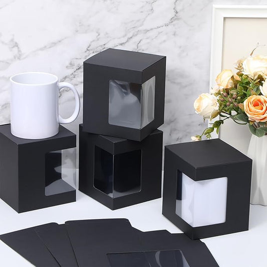 Harloon 72 Pcs Mug Boxes for Gift Coffee Mug Box Transparent Packaging Box for Blanks Sublimation 11oz, 12oz, 15oz Ceramic Blank Coffee Mugs Cups Gift Wrapping(Black)
