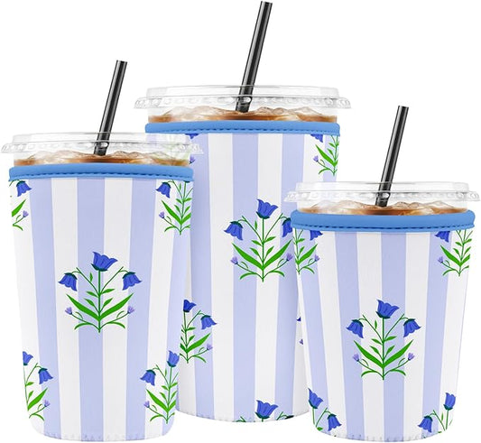 Iced Coffee Sleeve Reusable Cup Sleeves for Cold Drinks Neoprene Koozie Cozy Plastic Cup Covers for Drinks, Stripes Flowers