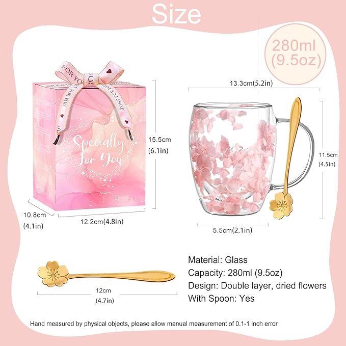 Gifts for Women Dried Flowers Double Wall Glass Coffee Mugs Cute Glass Tea Cups with Handles Autumn Mug Christmas Birthday Gifts for Best Friend Teacher Mum Gift New Home Gift Ideas Home Decor