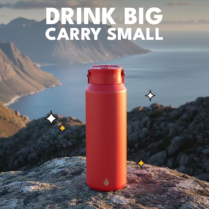 Elemental 40oz Insulated Water Bottle with Straw - 100% Leak-Proof Stainless Steel Core Water Bottles for Travel, Sports and Gym - Double Wall Insulation & BPA Free - Red